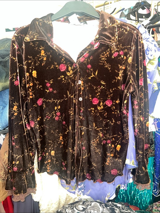 Tops - Y2K whimsigoth Floral Velvet Button-Up Top with lace bell sleeve cuffs